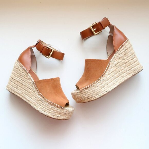 Marc Fisher Adalyn Brown Suede & Leather Platform Espadrille Ankle Strap Sandals - Picture 1 of 16